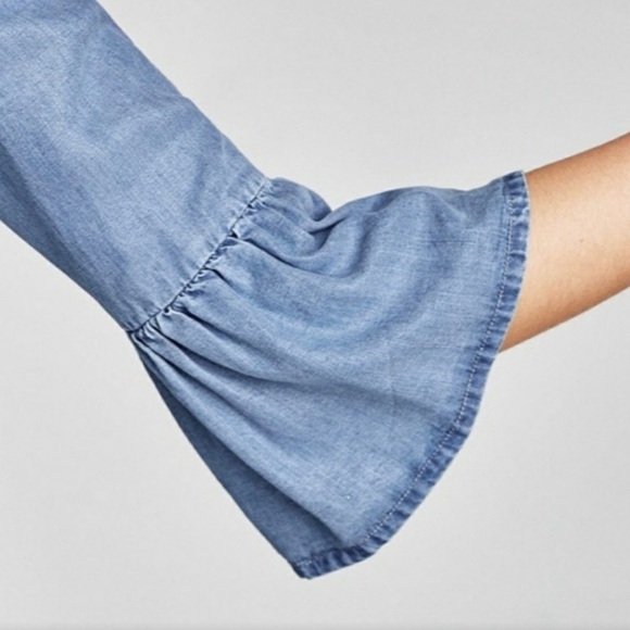 Zara Chambray Ruffle 3/4 Sleeve Light Denim Mini Dress Size M - Picture 6 of 12